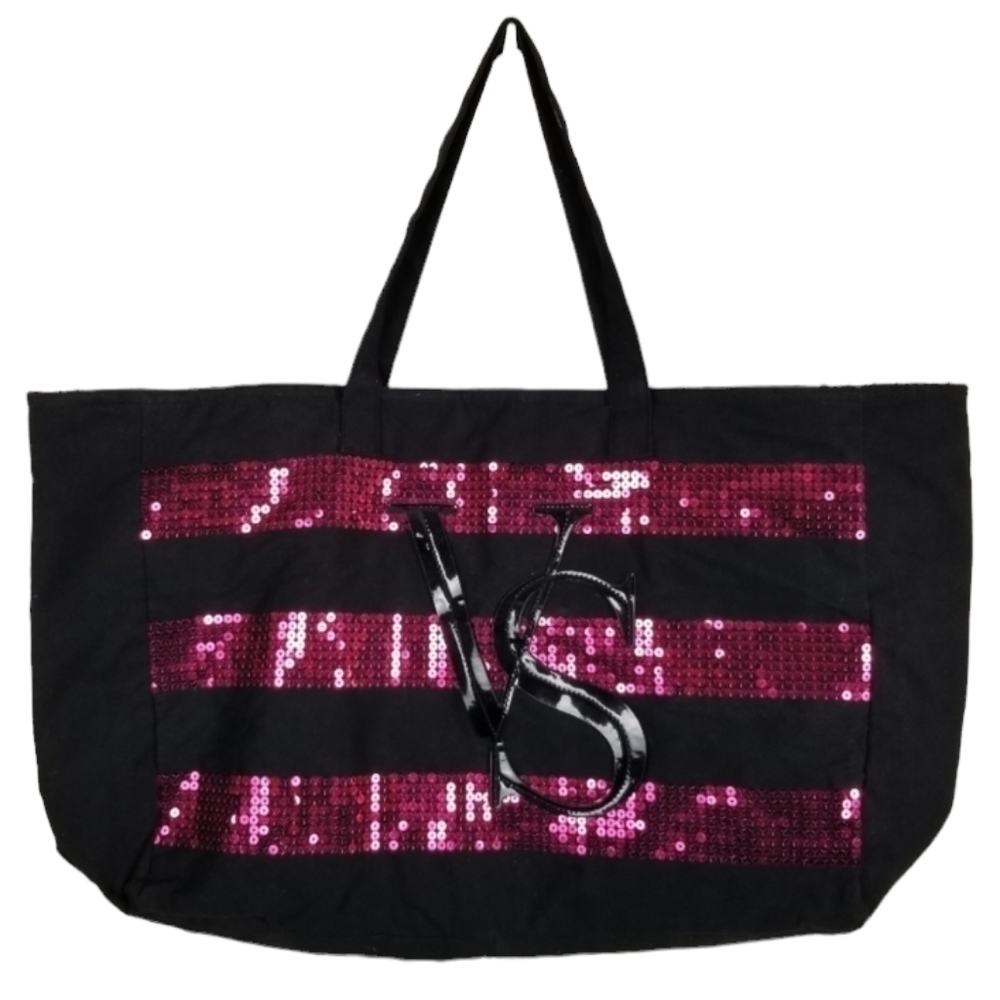 Victoria's Secret Sequins Bling Black Friday Shopper Tote Bag Purse Large Stripe